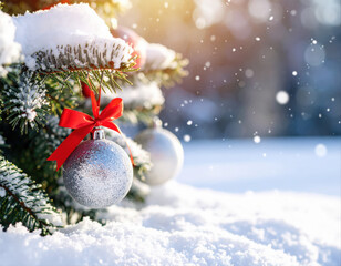 Christmas decorations snowy landscape holiday ornament outdoor setting festive atmosphere