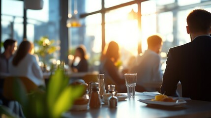 Business people having lunch meeting in modern cafe at sunset