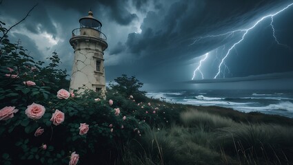 Lighthouse and Roses Under Dramatic Sky with Lightning Over Ocean