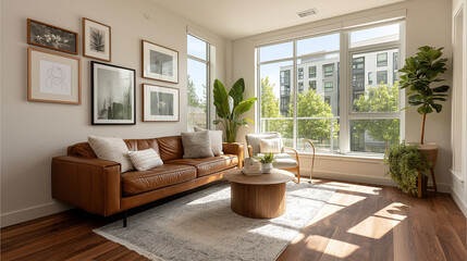 Fototapeta premium Sunlit Living Room with Brown Leather Sofa and Modern Decor creating a inviting ambiance