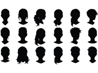 Collection of diverse minimalist black and white head silhouettes; various hairstyles, genders, and profiles.

