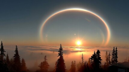 Majestic sunset and halo phenomenon over forested mountain landscape nature photography serene environment awe-inspiring view