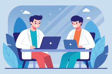 Two smiling doctors in lab coats working on laptops together