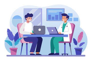 Doctor and patient discussing medical results on laptops in a modern clinic