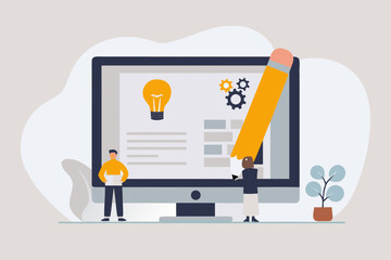 Team working on a computer with a lightbulb and gears representing ideas and process