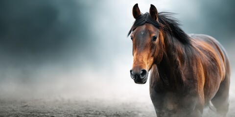 Fototapeta premium Majestic horse walking through misty landscape at dawn with soft light illuminating its features and the serene atmosphere