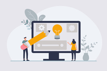 Creative team collaborating on a digital project with a lightbulb idea