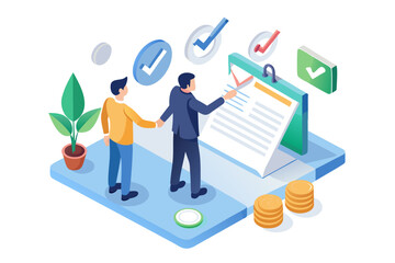 Two businessmen review a document with checkmarks and coins