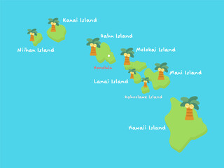 アメリカのハワイ州の地図（英語）　イラスト