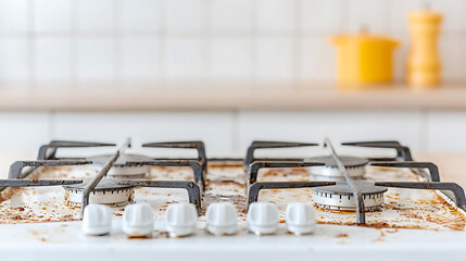 Dirty Stove Top: Close-up of a heavily used, soiled gas stove showcasing baked-on food debris and grime on its surface, suggesting need for cleaning.