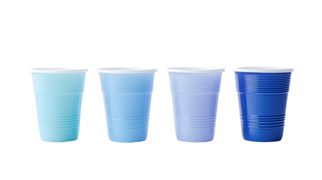 Set of four varied blue plastic cups on white background
