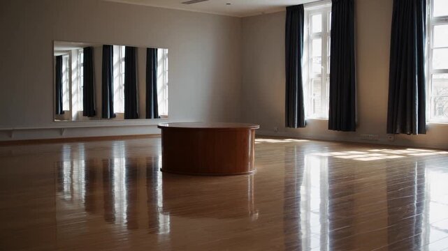The Empty Dance Studio's Elevated Platform and Reflective Surface