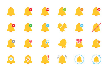 Notification bell colorful icon set. New message, doorbell, reminder, subscribe, alarm symbol. Sign for apps, businesses, and social media. Vector illustration. Editable stroke. Flat design.