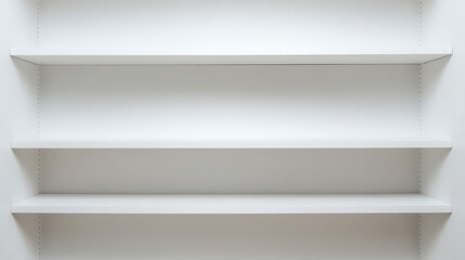 Clean, minimalist image of empty white shelves, perfect for showcasing products or creating a sense of order and organization. Versatile for design projects.