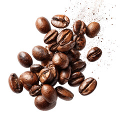 Coffee beans in mid-air, with powder explosion