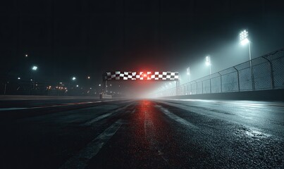 Racing track at night, misty finish line