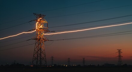High voltage electrical transmission towers with power lines against sunset sky creating light trails. Energy infrastructure with metal pylons distributing electricity across landscape. Power grid