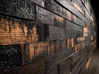 Industrial style maple wood paneling with charred surface treatment and dramatic black caramel contrast, ash texture details for luxury tablet UI backgrounds and architectural decor mockups
