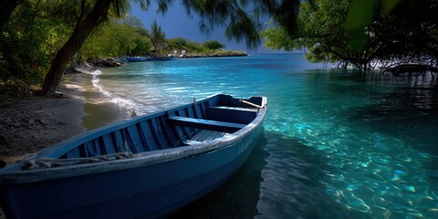 Obraz premium Calm blue boat rests on the serene turquoise waters of a tropical beach under a clear sky