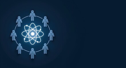 People figures arranged in circle around atomic symbol on blue background representing nuclear science community. Human silhouettes surrounding atom model. Nuclear research teamwork