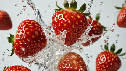A dynamic close-up of fresh, whole strawberries splashing into clear water on a light background