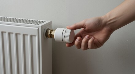 Hand adjusting white thermostat on heating radiator for temperature control. Person setting home heating system with digital thermostatic valve. Energy efficiency concept