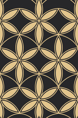 Geometric floral pattern with gold outlines on dark background seamless