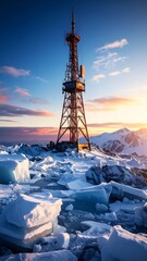 Communication Tower on Snowy Mountain at Sunset