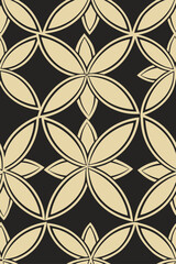 Geometric floral pattern with beige petals on black seamless