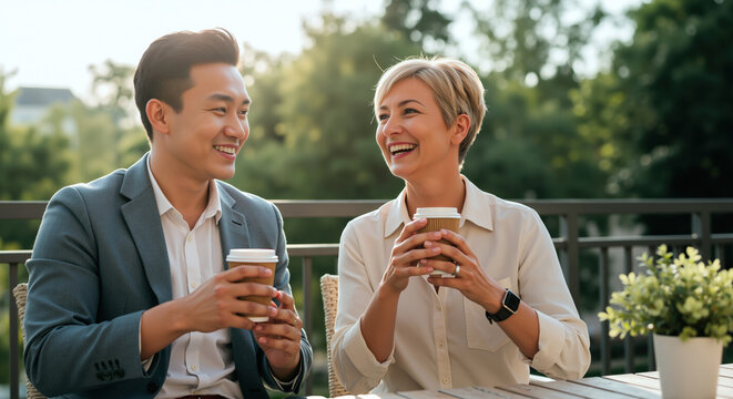 Business colleagues laughing while holding coffee cups on outdoor terrace. Professional man and woman enjoying casual meeting with warm beverages. Corporate networking concept