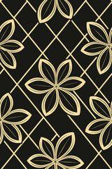 Fototapeta premium Golden flower petals on a black background with intersecting lines seamless pattern art deco