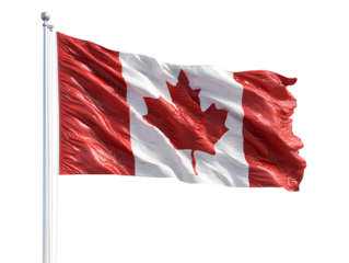 Realistic Canadian Flag Waving in the Wind, Side View on Flagpole, Isolated on Transparent Background PNG  
