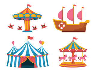Fototapeta premium Colorful Amusement Park Attractions Featuring Ferris Wheel, Carousel, Game Booths, and Food Stalls – Perfect for Fairgrounds, Festivals, and Family Fun Events