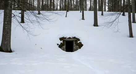 A beautiful winter forest landscape with snow-covered trees lining a frosty path under a cold blue sky