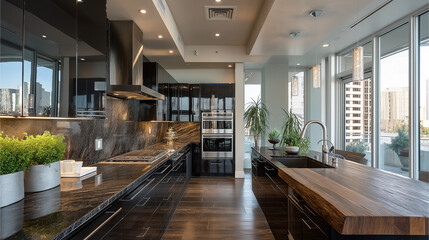 Fototapeta premium Modern kitchen design with wood accents and large windows showcases urban living