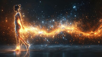 Cosmic walker woman walking in galaxy of stars with energy emanating from her body