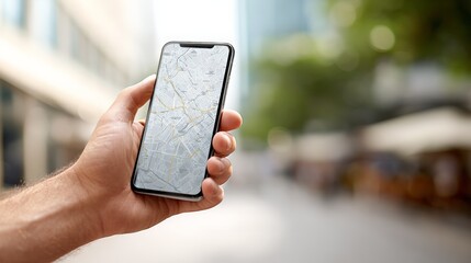 Fototapeta na wymiar Close up of a hand holding smartphone displaying gps navigation map application, blurred city street in background representing work and travel lifestyle of digital nomad