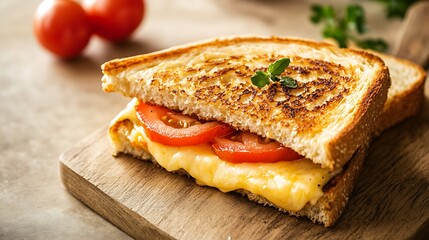 Grilled Cheese Sandwich with Tomato Slices on Wooden Board
