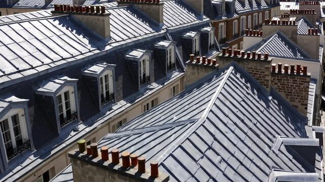 Parisian city architecture: typical buildings and rooftops in the Marais