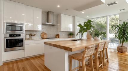 Bright and modern kitchen design with island, stainless steel appliances and plant accents