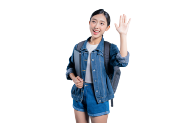 A cheerful young Asian student holding a laptop and waving her hand with an excited expression to greet someone on png