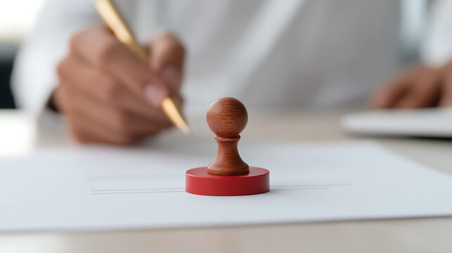 Close-up of a wooden stamp and someone signing a document with a pen on a light table. Approvals, authentications, agreements.