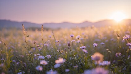 Field of Daisies at Sunset Bathed in Golden Light Landscape