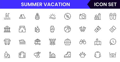 Summer Vacation vector web line icon collection, sleek illustrations of tents, campfires, backpacks, nature for adventurous, outdoor designs.
