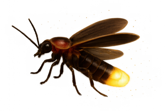Luminous firefly glimmering, translucent wings spread wide, casting soft radiance against dark backdrop