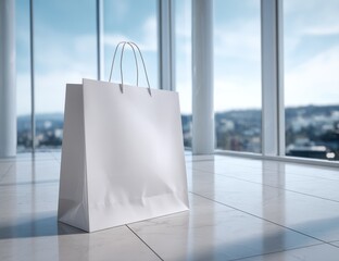 White paper shopping bag on modern office floor with panoramic windows and clean walls, minimalist scene with text area for home goods advertising and e-commerce mockups