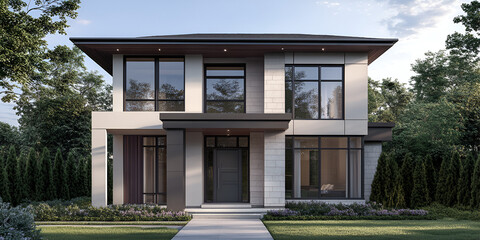 Obraz premium Modern two-story house with large windows, a flat roof, and manicured lawn surrounded by trees.