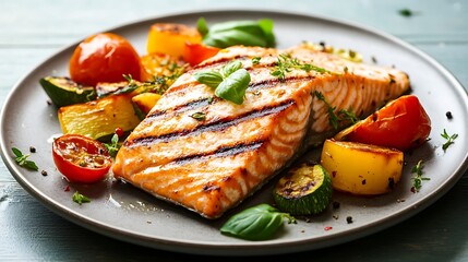 Grilled Salmon with Roasted Vegetables on a Plate
