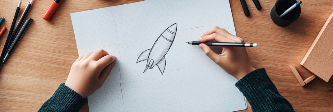 Designer drawing a rocket on graph paper with a pencil and eraser, surrounded by colorful pens and markers on a wooden desk, symbolizing creativity and innovation in education