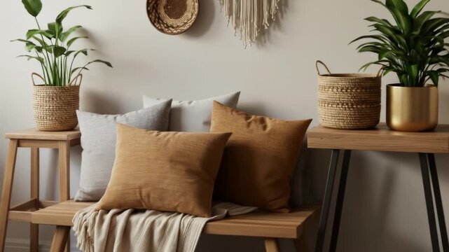 An interior shot showcases a modern bohemian aesthetic. Decorative wall baskets, a macrame wall hanging, and potted plants on a wooden shelf accent the serene space